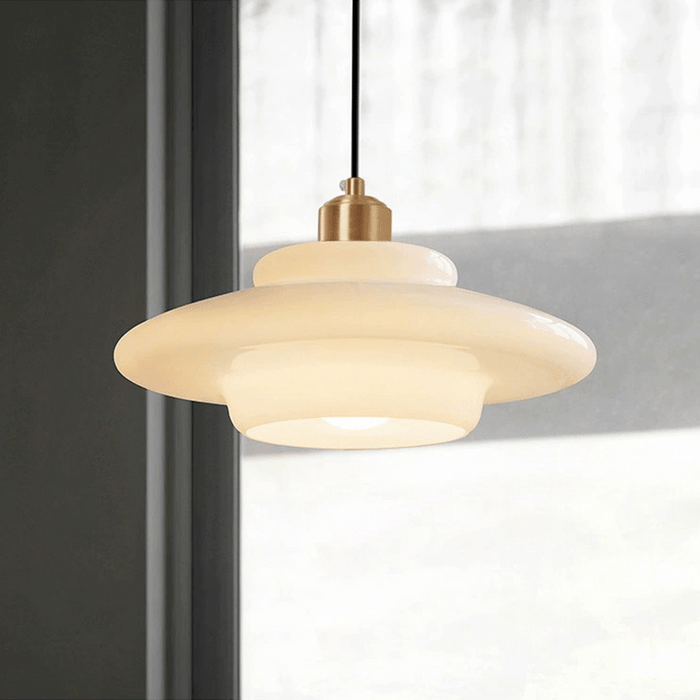 Mid-Century White Glass Pendant Light – Modern Dome Hanging Lamp with Brass Accents for Kitchen & Dining