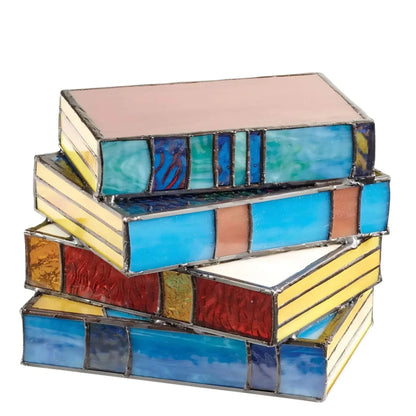 Stained Glass Book Lamp – Handcrafted Tiffany-Style Stacked Books Night Light, Decorative Table Lamp