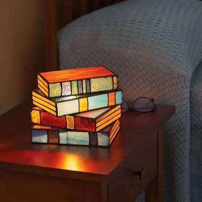 Stained Glass Book Lamp – Handcrafted Tiffany-Style Stacked Books Night Light, Decorative Table Lamp