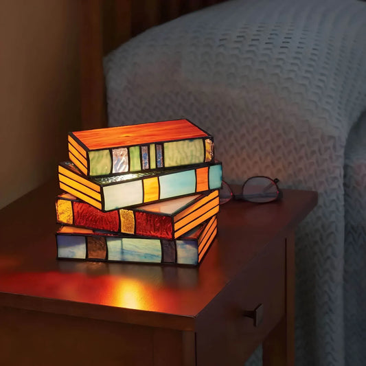 Stained Glass Book Lamp – Handcrafted Tiffany-Style Stacked Books Night Light, Decorative Table Lamp