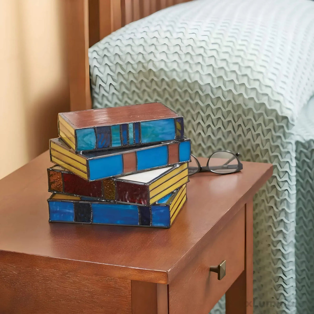 Stained Glass Book Lamp – Handcrafted Tiffany-Style Stacked Books Night Light, Decorative Table Lamp