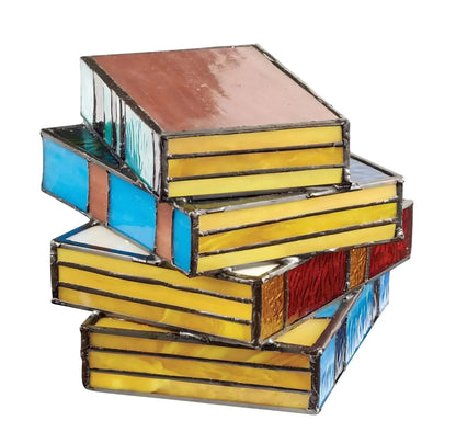 Stained Glass Book Lamp – Handcrafted Tiffany-Style Stacked Books Night Light, Decorative Table Lamp