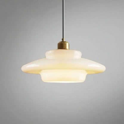Mid-Century White Glass Pendant Light – Modern Dome Hanging Lamp with Brass Accents for Kitchen & Dining