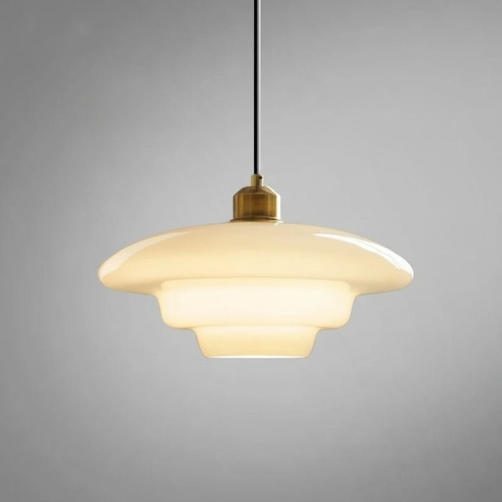 Mid-Century White Glass Pendant Light – Modern Dome Hanging Lamp with Brass Accents for Kitchen & Dining