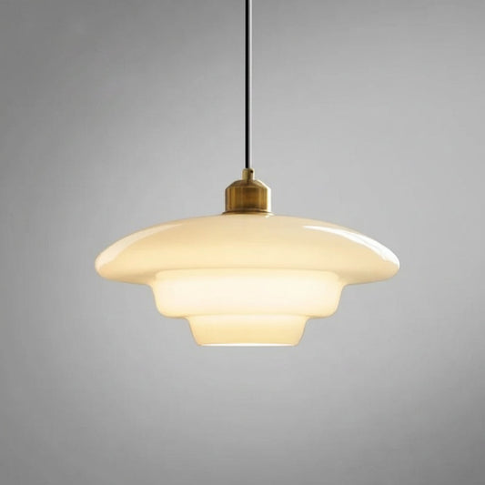 Mid-Century White Glass Pendant Light – Modern Dome Hanging Lamp with Brass Accents for Kitchen & Dining