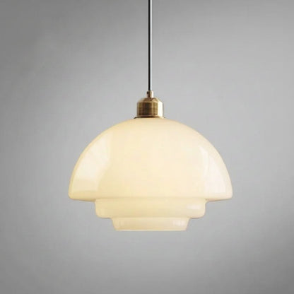 Mid-Century White Glass Pendant Light – Modern Dome Hanging Lamp with Brass Accents for Kitchen & Dining