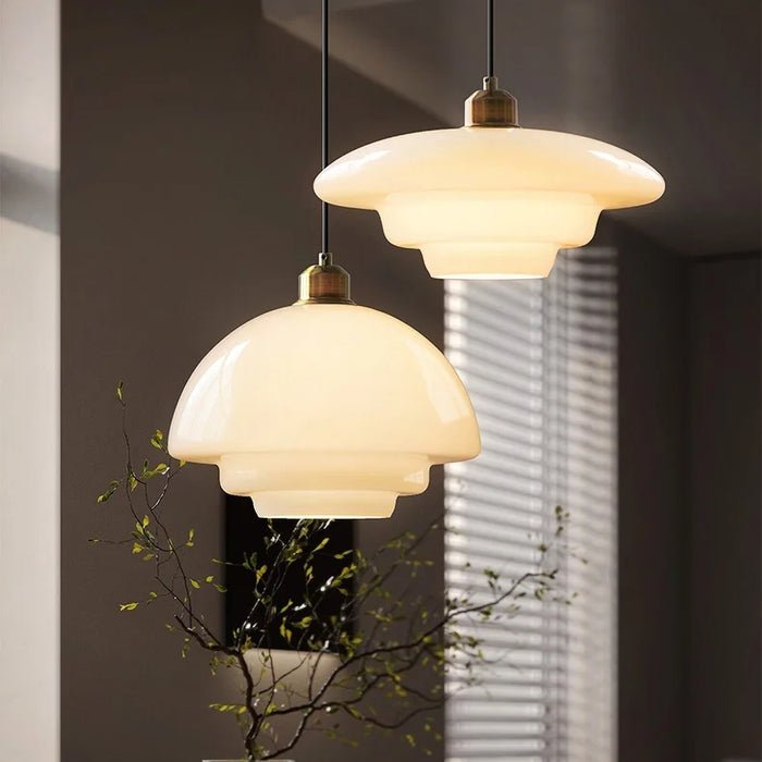 Mid-Century White Glass Pendant Light – Modern Dome Hanging Lamp with Brass Accents for Kitchen & Dining