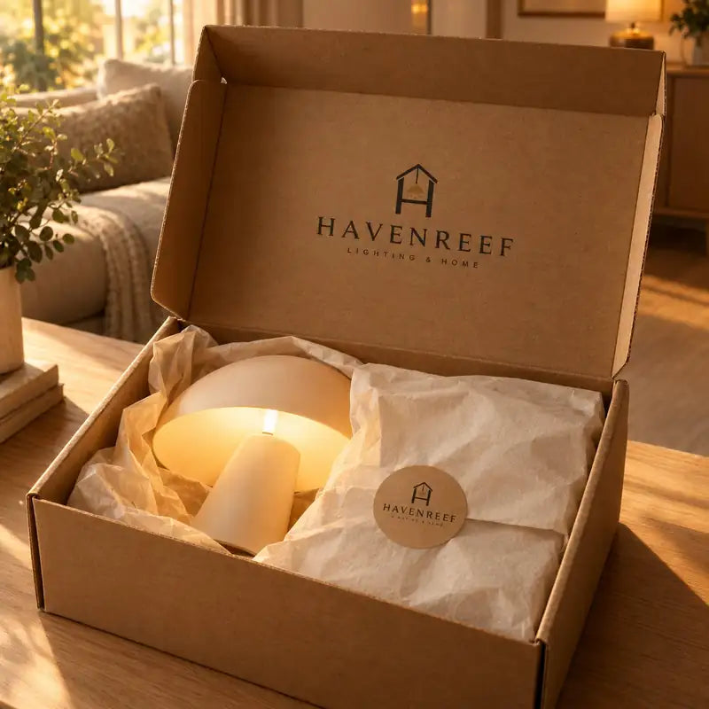 Havenreef gift-ready packaging with a glowing table lamp