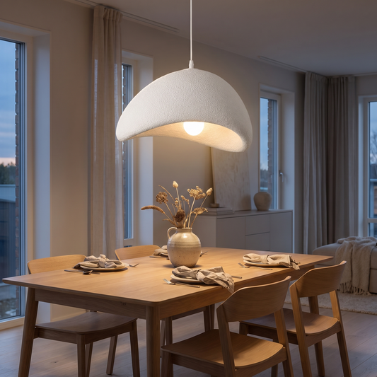 Zenith Glow modern LED chandelier glowing above a Scandinavian dining table