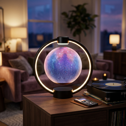 Levitating Moon Lamp in black with starry sky sphere on a living room console