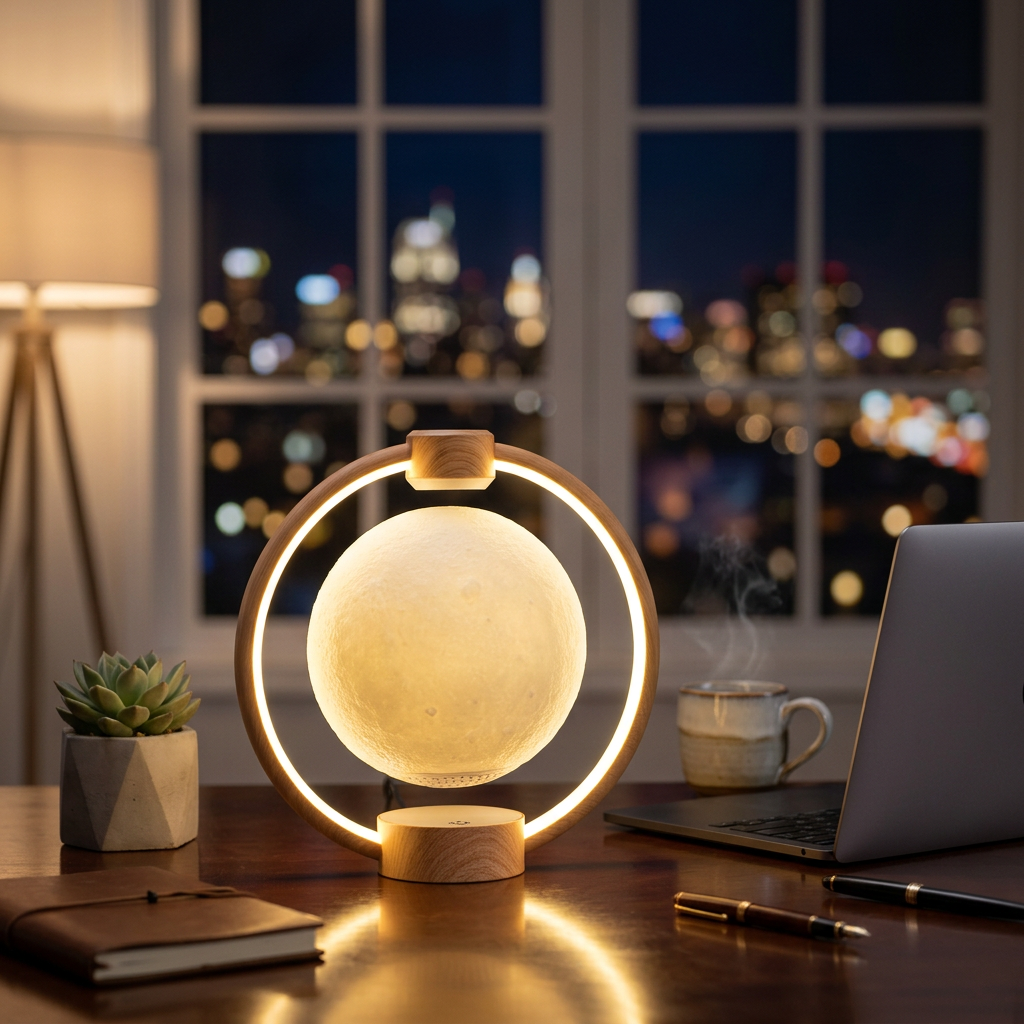 Levitating Moon Lamp in wood grain floating on a home office desk at night