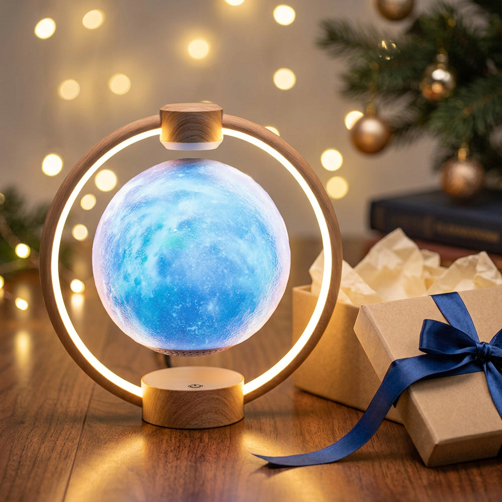 Levitating Moon Lamp in wood grain with starry sky sphere next to a gift box