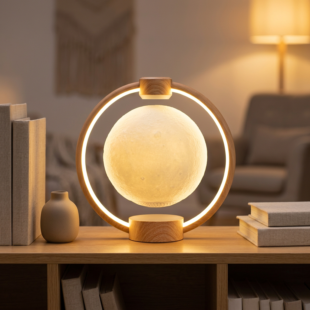 Levitating Moon Lamp – Wood Grain Moon on a living room bookshelf