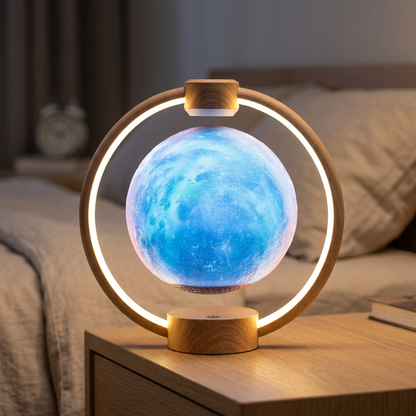 Levitating Moon Lamp – Wood Grain Starry Sky on a bedroom nightstand