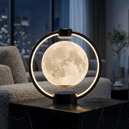 Levitating Moon Lamp – Black Moon on a marble side table in a living room