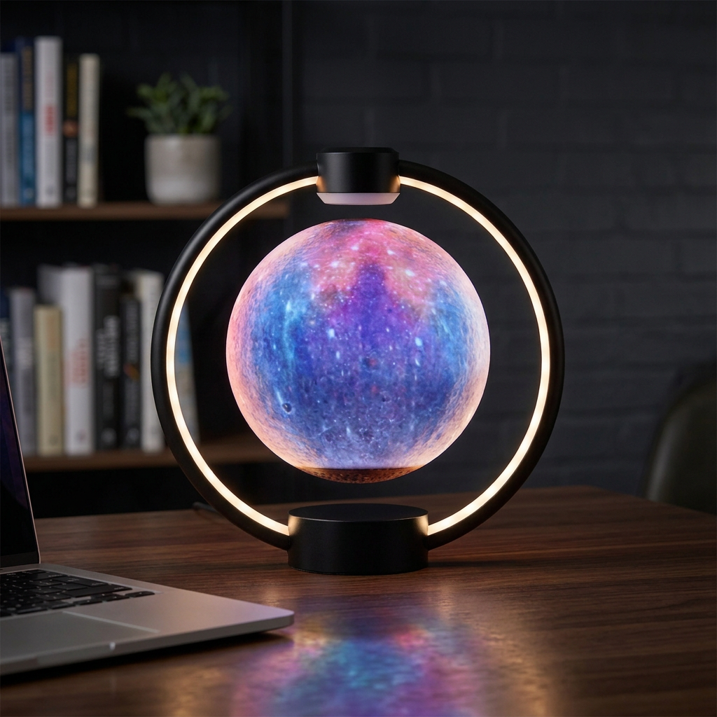 Levitating Moon Lamp – Black Starry Sky on a desk in a moody home office