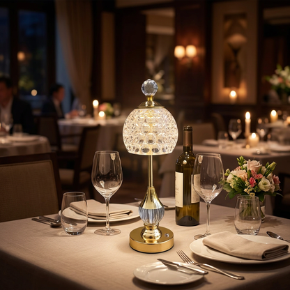 Crystal Touch LED Table Lamp on an elegant dinner table for two