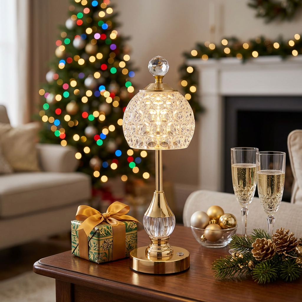 Crystal Touch LED Table Lamp with a holiday gift and champagne