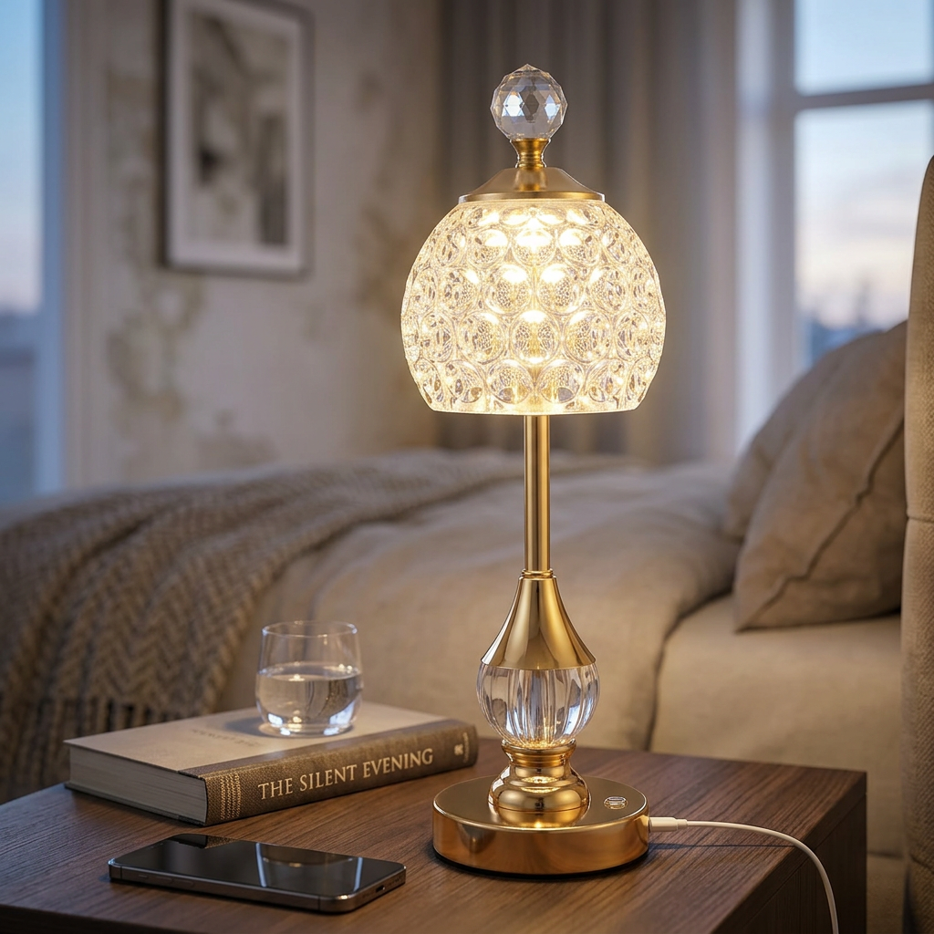 Crystal Touch LED Table Lamp glowing on a bedside nightstand