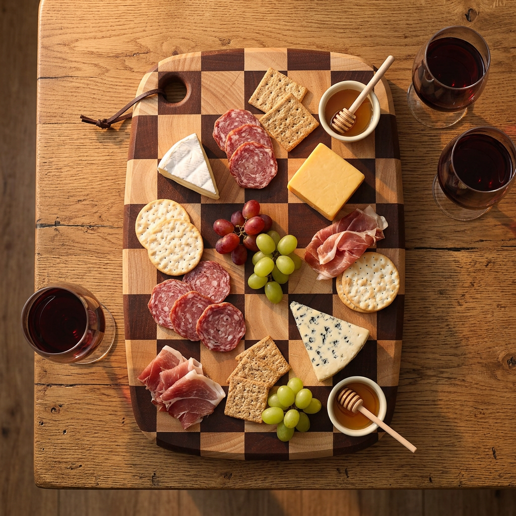 Acacia checkerboard cutting board as a cheese and charcuterie serving board