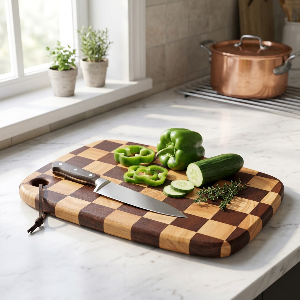 Acacia checkerboard cutting board with fresh vegetables on a kitchen counter