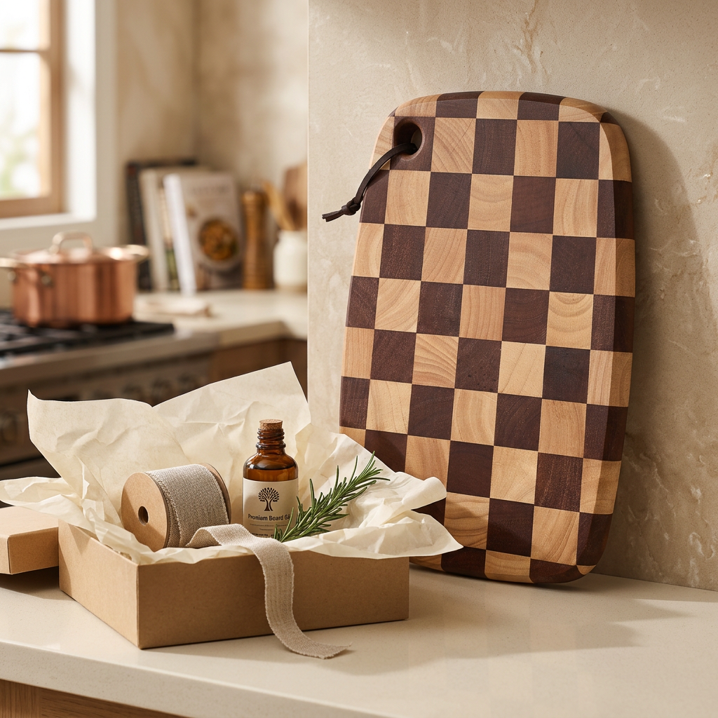 Acacia checkerboard cutting board next to an open gift box