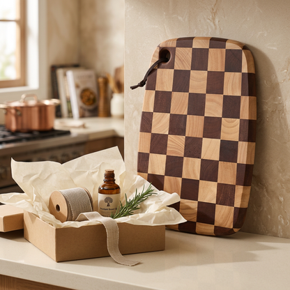 Acacia checkerboard cutting board next to an open gift box