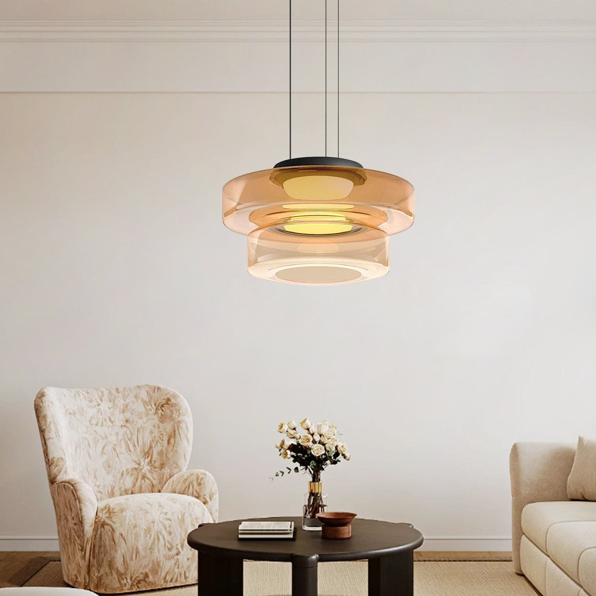 Bauhaus Layered Glass Pendant Lamp – Modern Amber, Green or Smoke Grey Hanging Light Fixture for Kitchen & Dining Room