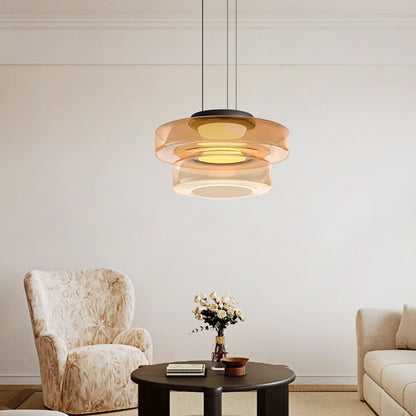 Bauhaus Layered Glass Pendant Lamp – Modern Amber, Green or Smoke Grey Hanging Light Fixture for Kitchen & Dining Room