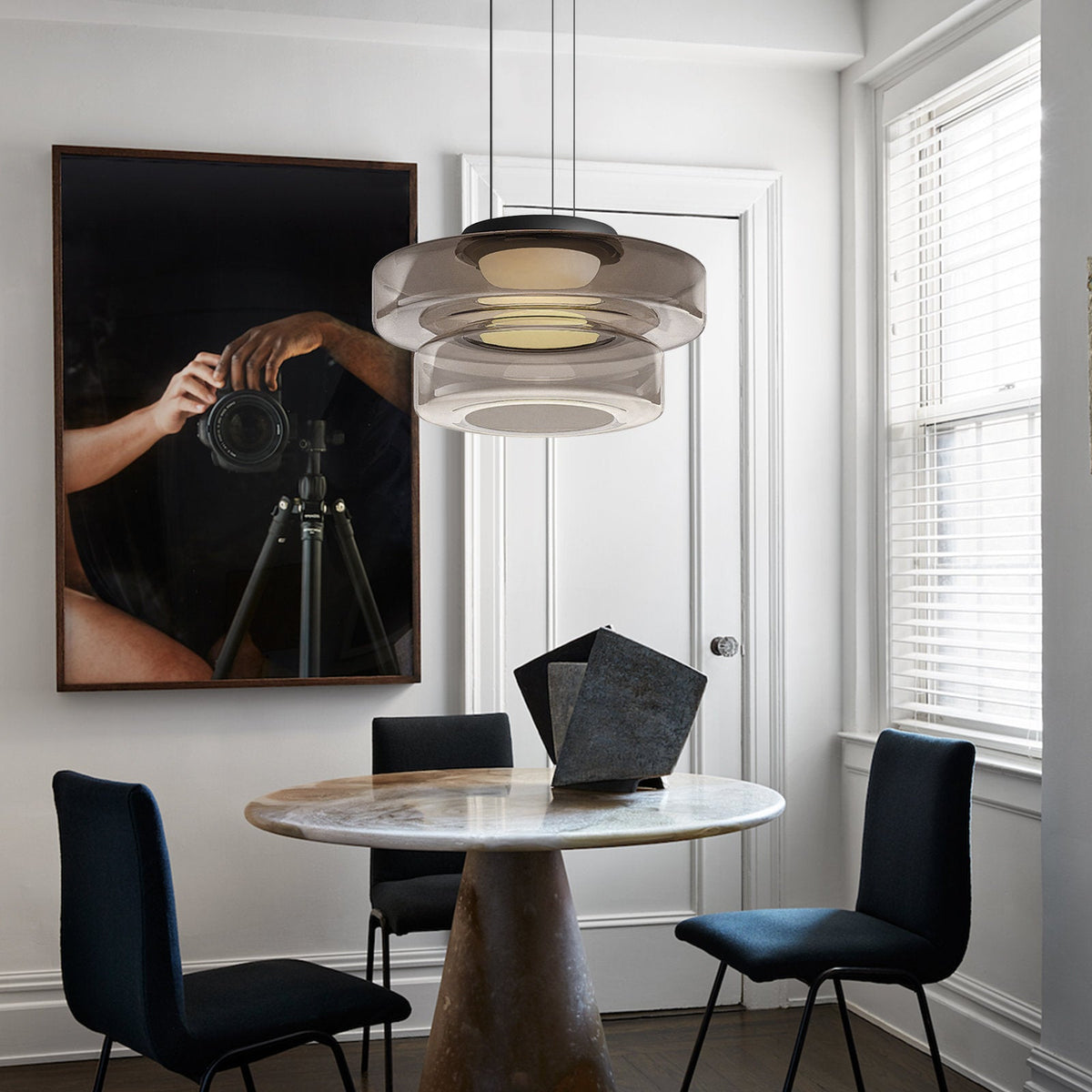 Bauhaus Layered Glass Pendant Lamp – Modern Amber, Green or Smoke Grey Hanging Light Fixture for Kitchen & Dining Room