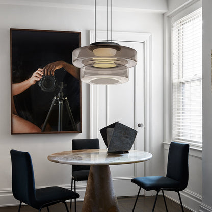 Bauhaus Layered Glass Pendant Lamp – Modern Amber, Green or Smoke Grey Hanging Light Fixture for Kitchen & Dining Room