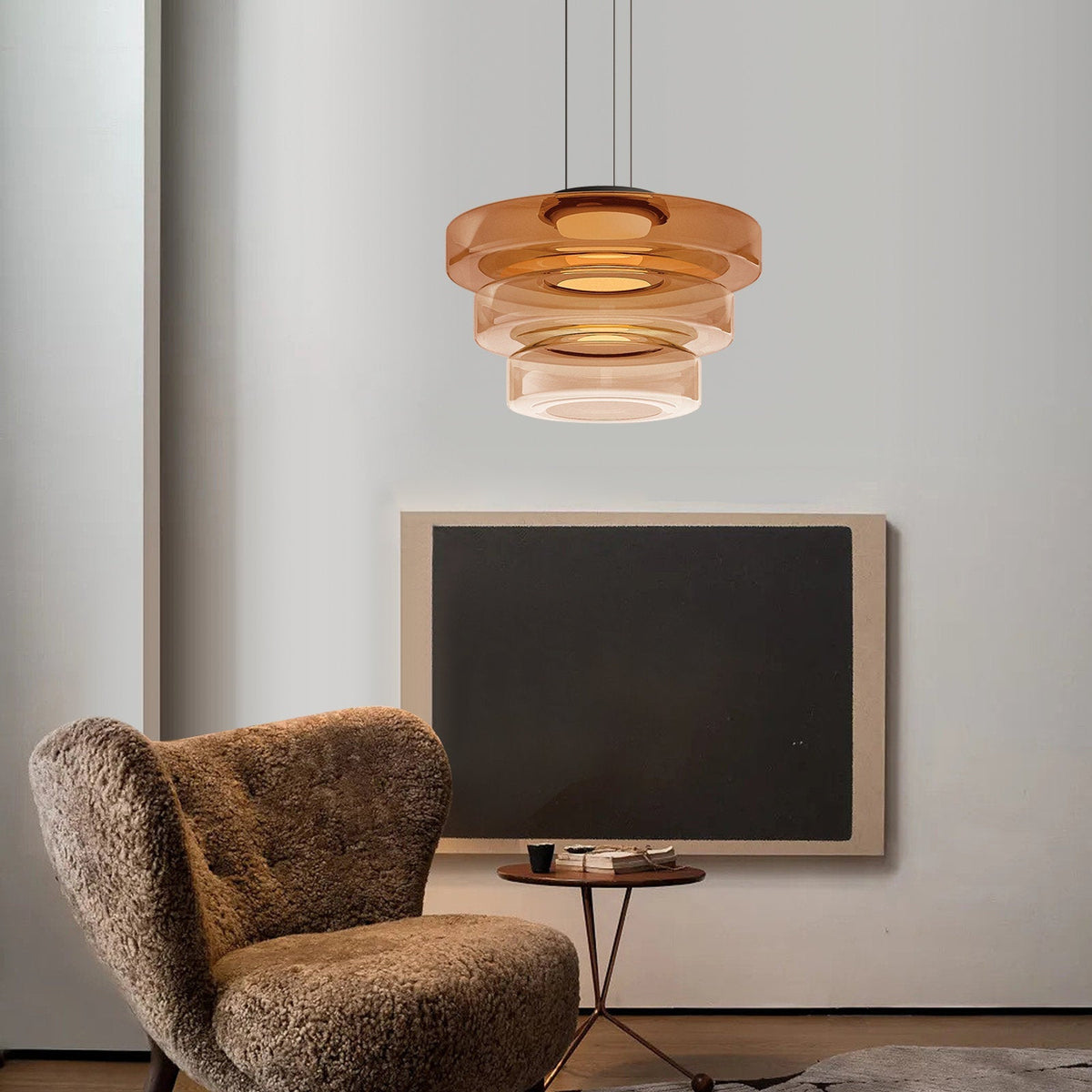 Bauhaus Layered Glass LED Pendant Light – 12W Warm White Tiered Hanging Fixture in Amber, Green or Smoke Grey, 6 Sizes
