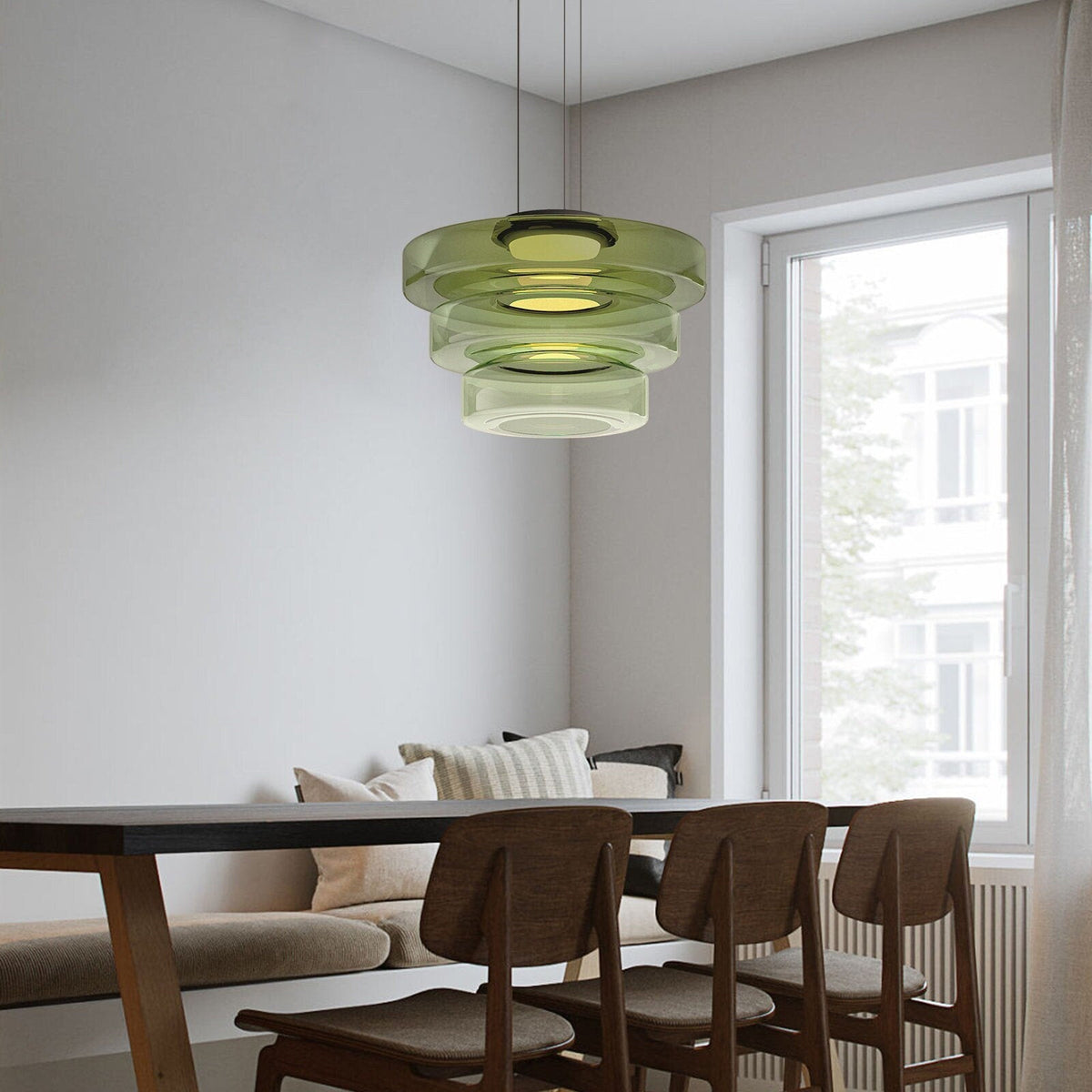 Bauhaus Layered Glass Pendant Lamp – Modern Amber, Green or Smoke Grey Hanging Light Fixture for Kitchen & Dining Room