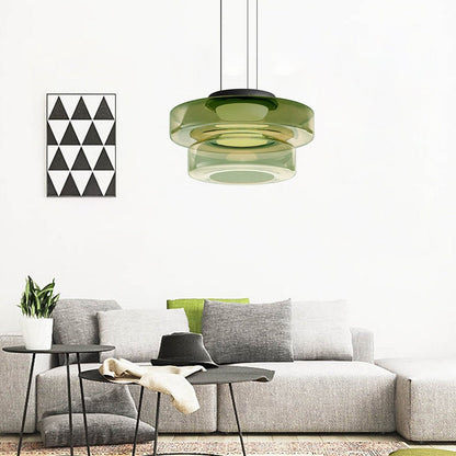 Bauhaus Layered Glass Pendant Lamp – Modern Amber, Green or Smoke Grey Hanging Light Fixture for Kitchen & Dining Room