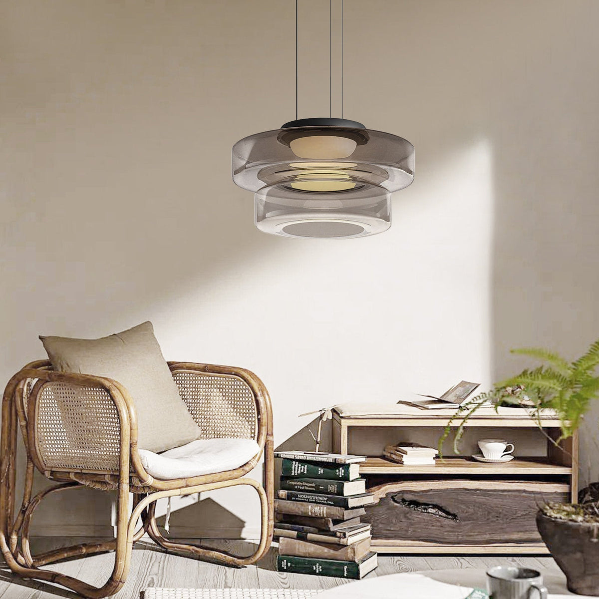 Bauhaus Layered Glass Pendant Lamp – Modern Amber, Green or Smoke Grey Hanging Light Fixture for Kitchen & Dining Room