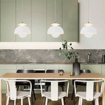 Flora Layered Dome LED Pendant Light – Modern Nordic Retro Ceiling Lamp in Black, White, Green or Orange for Kitchen & Dining