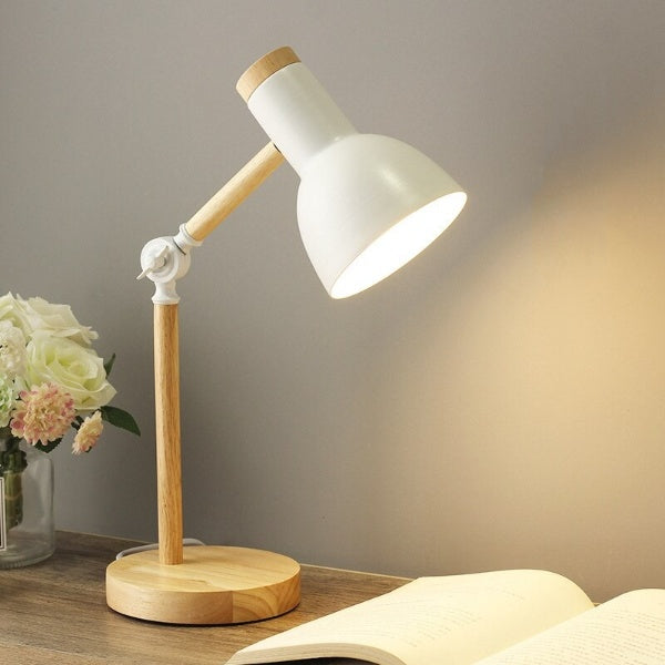 Scandinavian Wooden LED Desk Lamp – Adjustable Arm & Rotating Shade, Warm or Cool White Reading Light for Study & Office