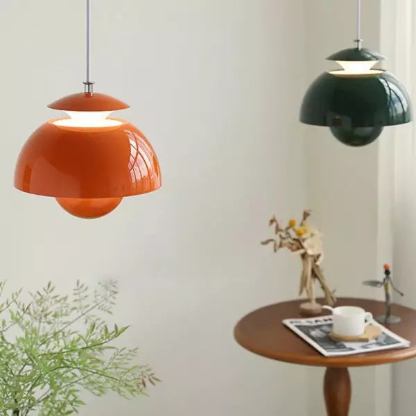 Flora Layered Dome LED Pendant Light – Modern Nordic Retro Ceiling Lamp in Black, White, Green or Orange for Kitchen & Dining