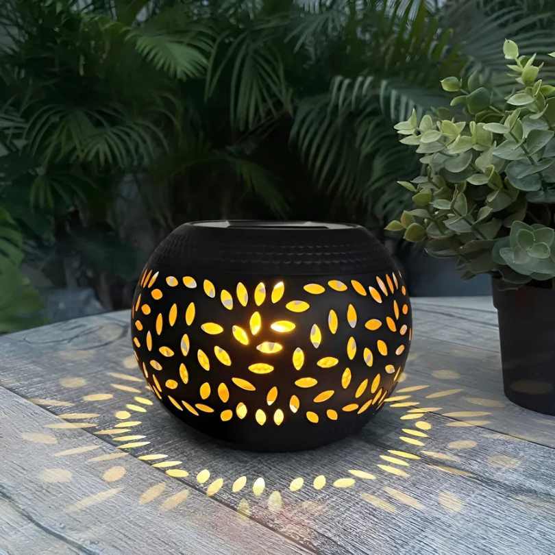 Lumopattern Solar Garden Lantern – Decorative Patterned Metal Sphere Outdoor Light Casting Shadows, No Wiring, Black or White