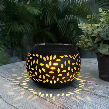 Lumopattern Solar Garden Lantern – Decorative Patterned Metal Sphere Outdoor Light Casting Shadows, No Wiring, Black or White