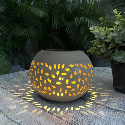 Lumopattern Solar Garden Lantern – Decorative Patterned Metal Sphere Outdoor Light Casting Shadows, No Wiring, Black or White