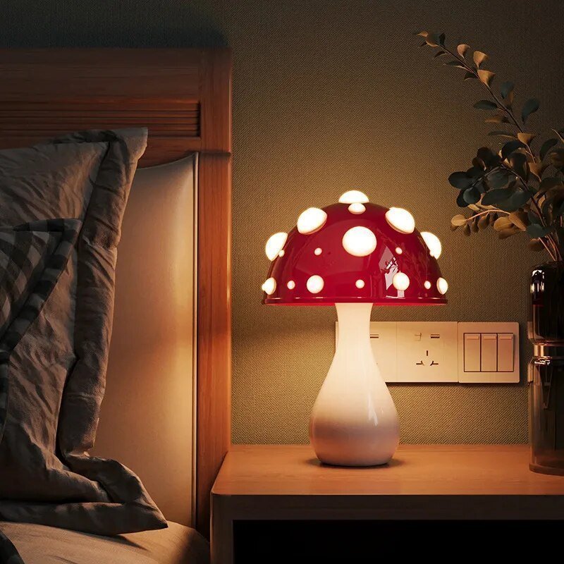 Amanita Mushroom LED Table Lamp – Glossy Red Toadstool Dimmable 2700K Night Light, Whimsical Decor for Bedroom & Desk