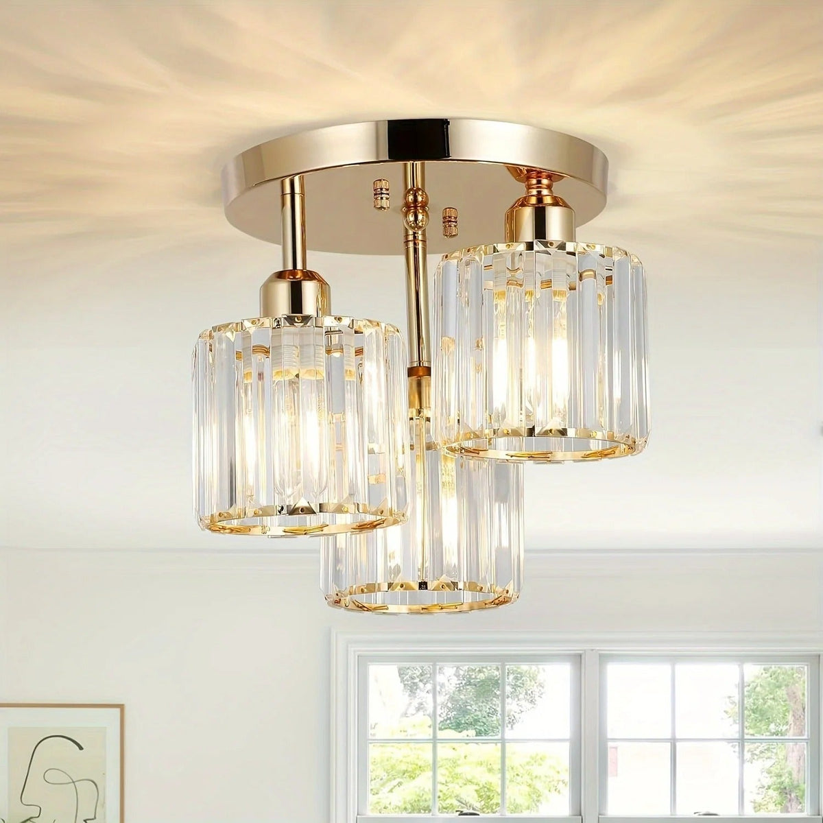 Modern Luxury Crystal Ceiling Light – 3-Light Semi-Flush Mount Chandelier in Gold or Black for Bedroom, Dining & Entryway