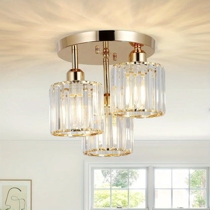 Modern Luxury Crystal Ceiling Light – 3-Light Semi-Flush Mount Chandelier in Gold or Black for Bedroom, Dining & Entryway