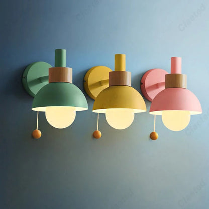Nordic Wooden Pull-Chain Wall Lamp – Minimalist Metal & Wood Accent Sconce, Warm White Bedside Light in 5 Colors