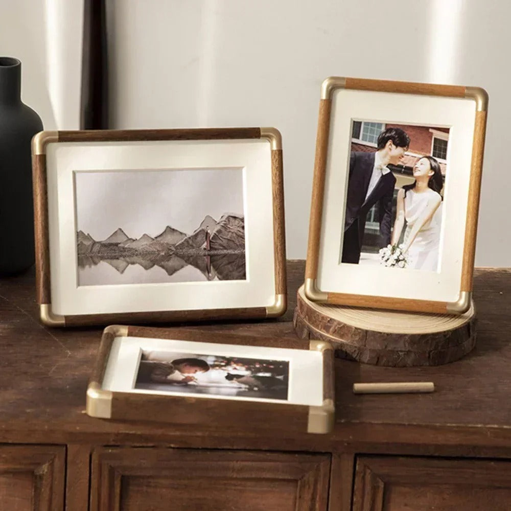 Brooks Wood & Brass Tabletop Photo Frame – Vintage Picture Frame in Teak or Walnut, 4x6, 5x7, 8x10