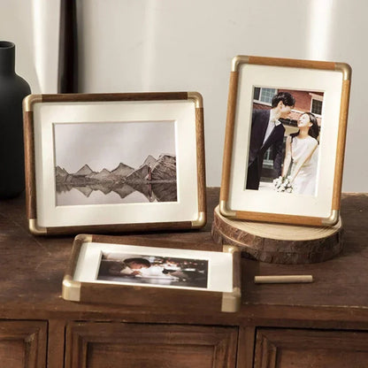 Brooks Wood & Brass Tabletop Photo Frame – Vintage Picture Frame in Teak or Walnut, 4x6, 5x7, 8x10