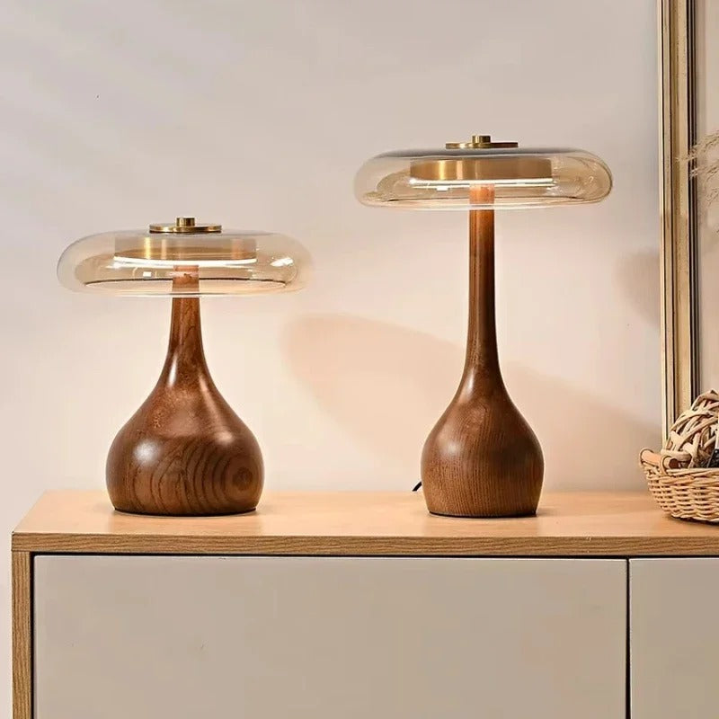 Andi Walnut, Brass & Glass Table Lamp – Modern 3-Setting LED Accent Lamp for Living Room, Bedroom & Study, 2 Sizes