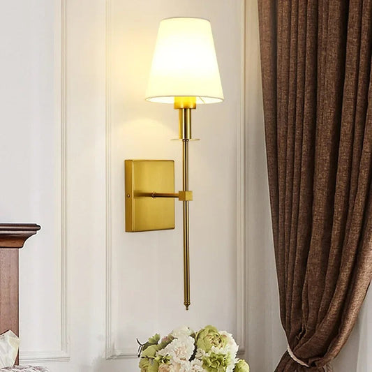 Nordic Elegance LED Wall Sconce – Iron Frame with Fabric Lampshade, Energy-Saving Bedside Wall Light in Gold or Black