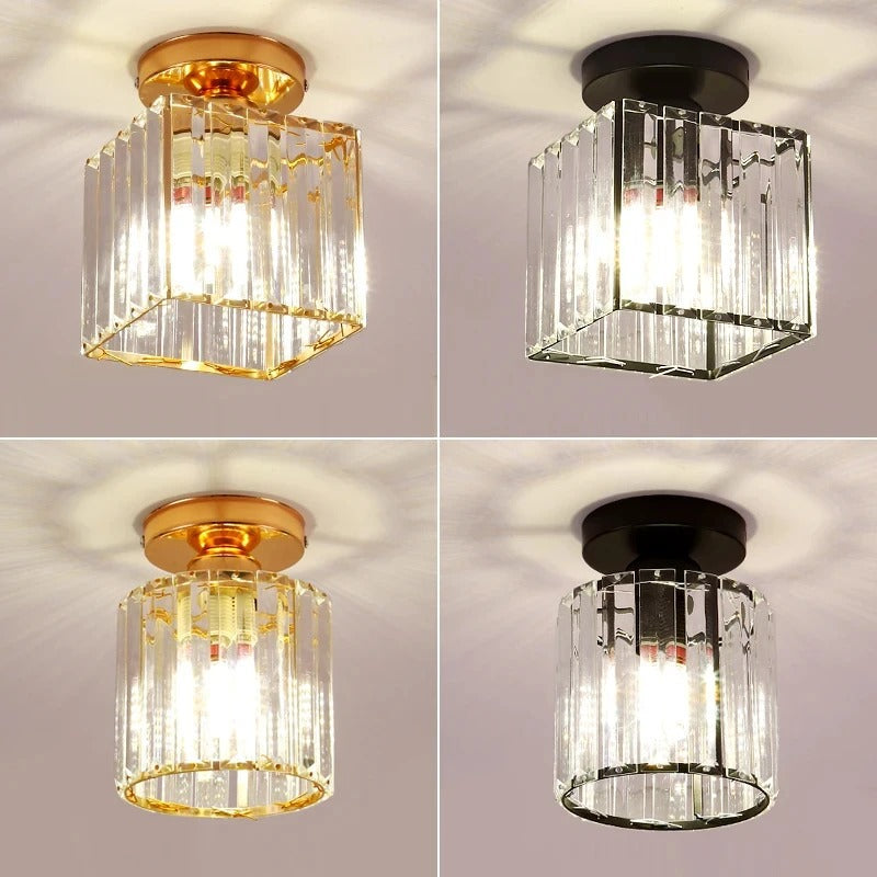 Compact Crystal Ceiling Light for Hallways & Corridors – Square or Round Flush Mount in Black or Gold for Foyer, Balcony & Closet